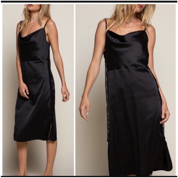 POL Dresses & Skirts - NWT POL Whimsy Goth Silky  Spaghetti Strap Draped Neck Midi Black Slip Dress Med